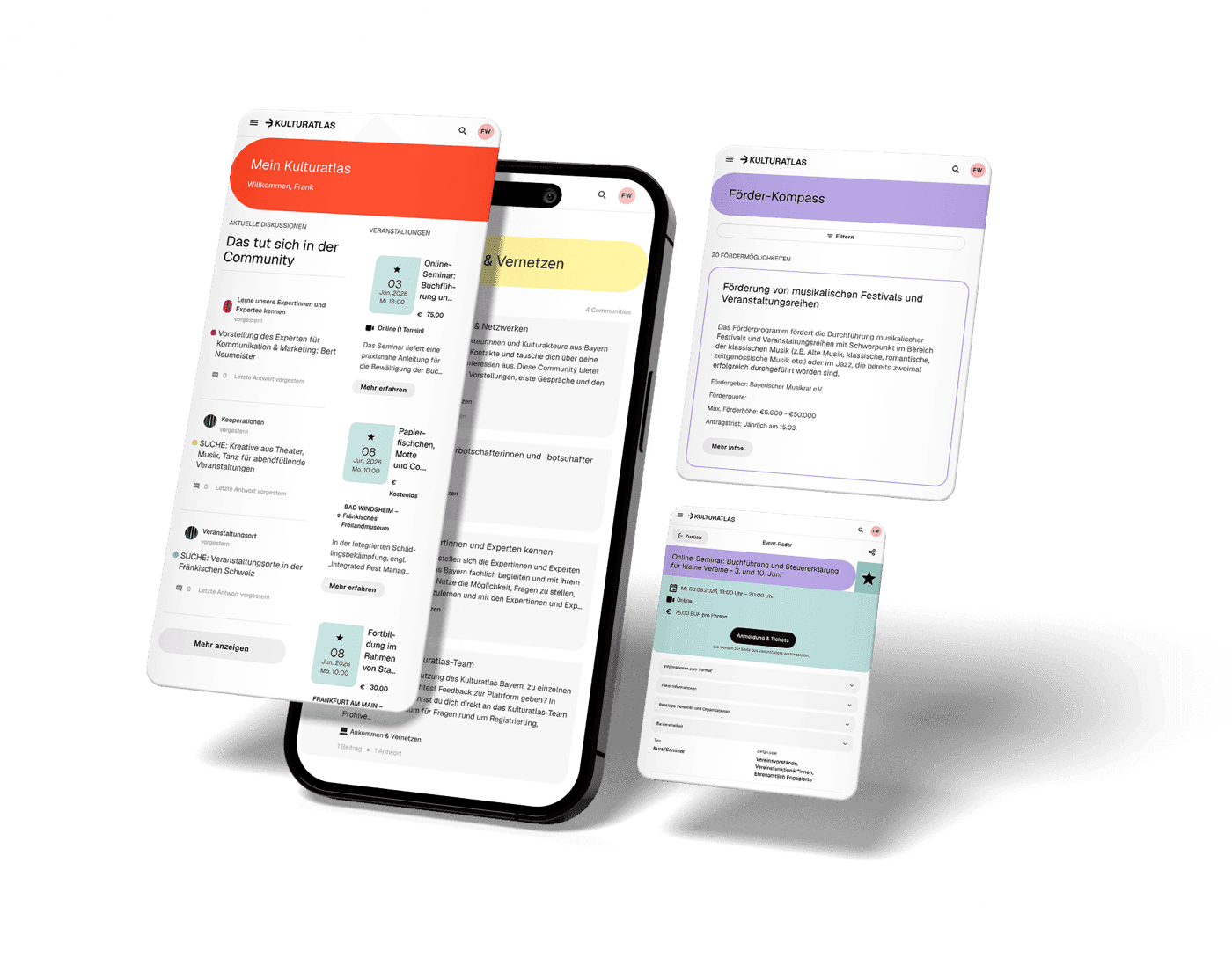 Screens der mobilen Startseite Kulturatlas mit dem Feature Förder-Kompass und Infos zu Fortbildungen und Workshops