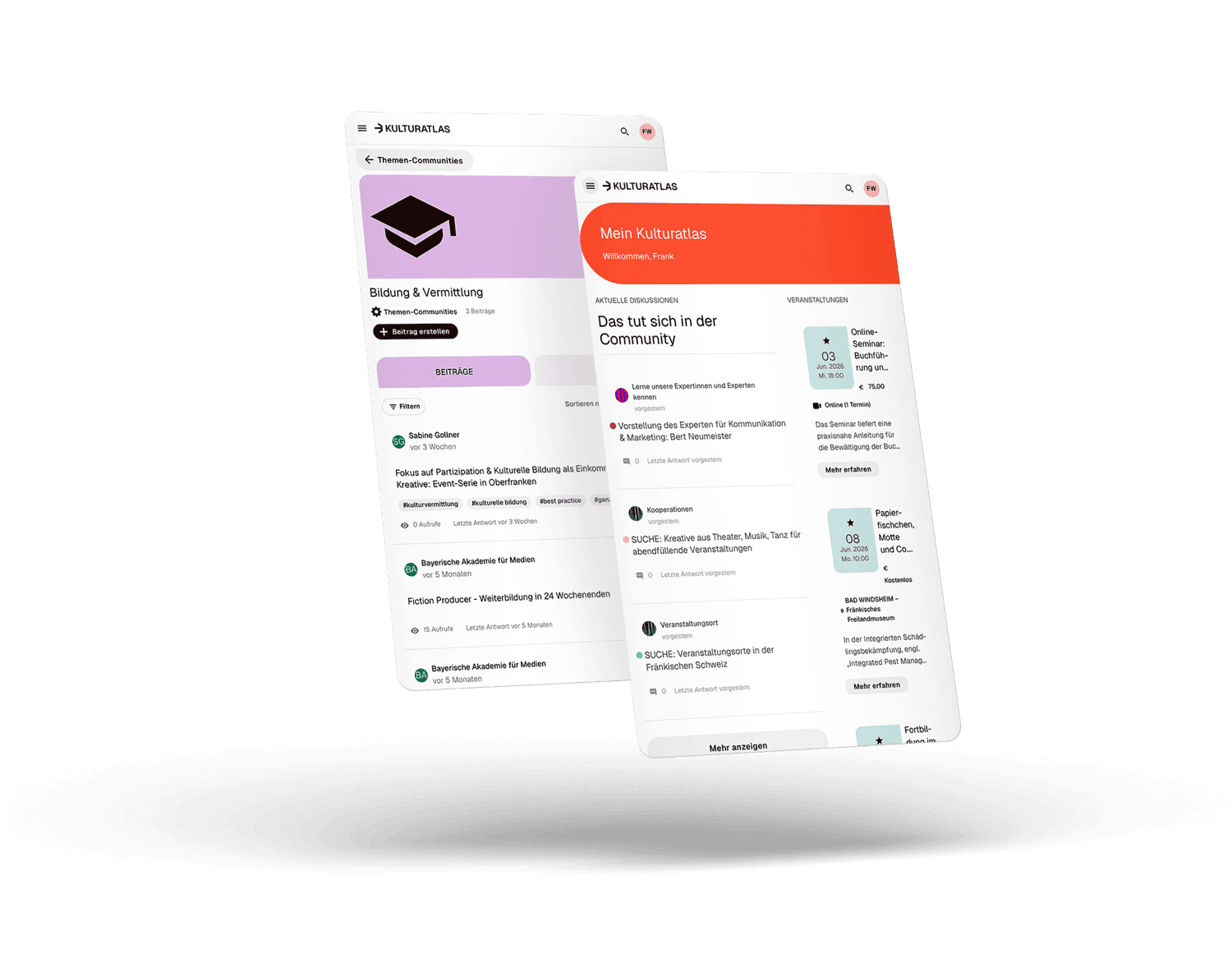 Featureübersicht Kulturatlas: Kulturportal mit Förder-Kompass, Event-Radar, Know-How-Pool und Beiträgen der Communities.