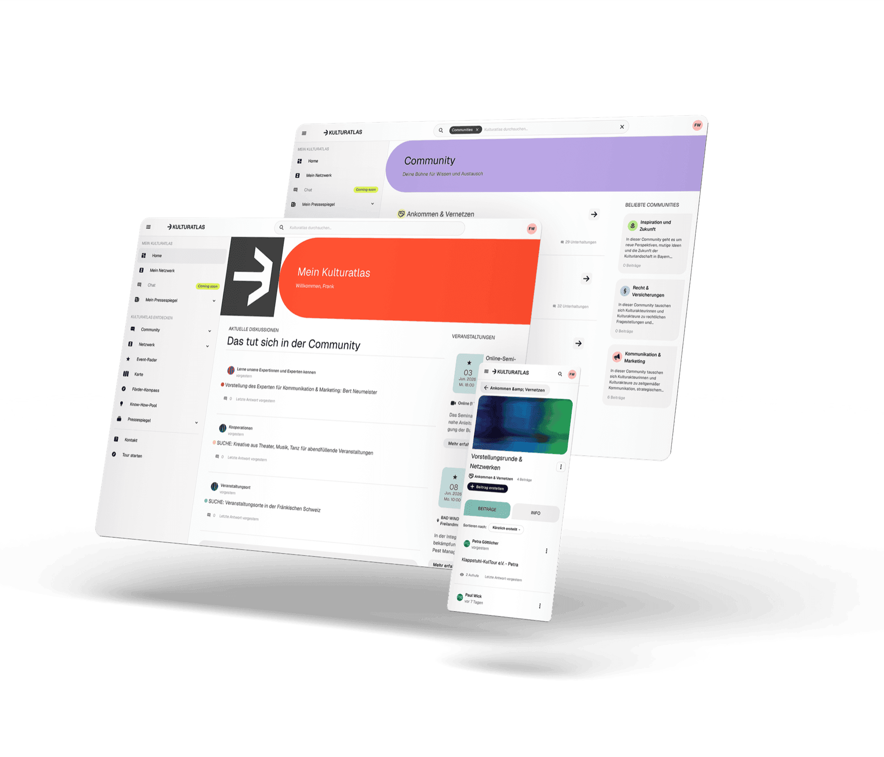 Screens der digitalen Plattform Kulturatlas Bayern mit Startbildschirm, Communities und mobilem Screen